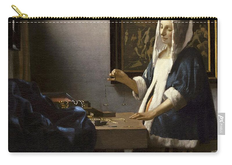 Jan Vermeer Zip Pouch featuring the painting Woman Holding A Balance #1 by Jan Vermeer