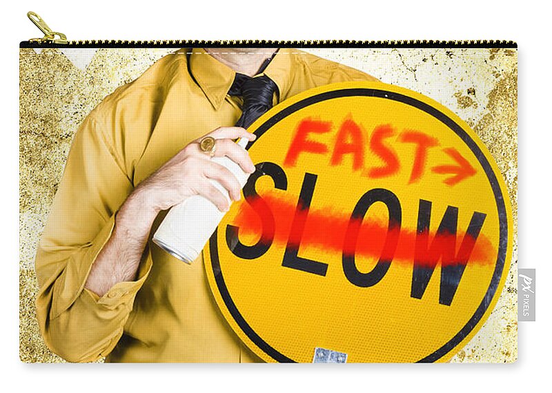 Speed Zip Pouch featuring the photograph Worker showing sign to fast track productivity #1 by Jorgo Photography