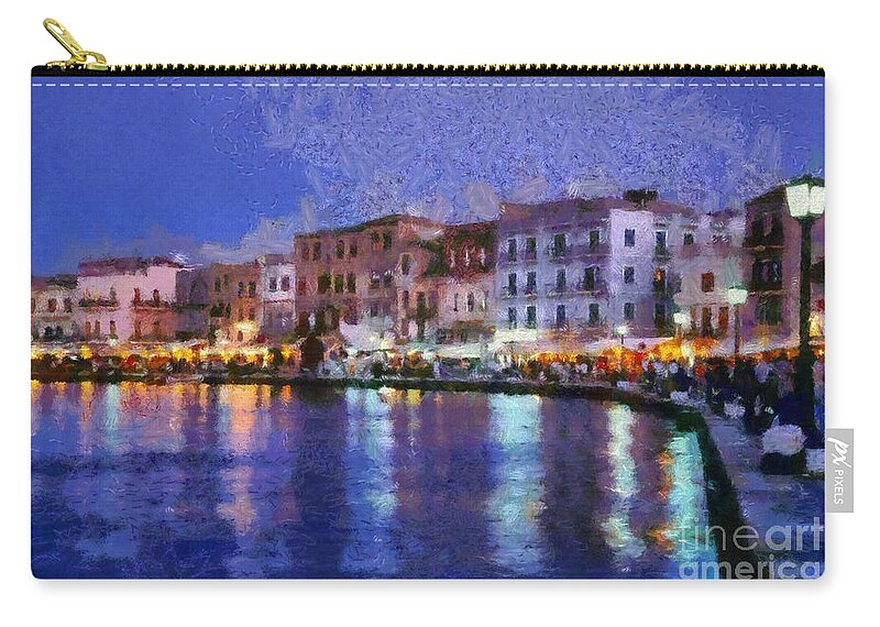 Chania; Hania; Crete; Kriti; Town; Old; City; Port; Harbor; Venetian; Greece; Hellas; Greek; Hellenic; Islands; Dusk; Twilight; Night; Lights; Sea; People; Tourists; Walk; Walking; Color; Colour; Colorful; Colourful; Light; Pole; Island; Hotels; Taverns; Restaurants; Holidays; Vacation; Travel; Trip; Voyage; Journey; Tourism; Touristic; Summer; Paint; Painting; Paintings; Reflection; Reflections Zip Pouch featuring the painting Painting of the old port of Chania #1 by George Atsametakis