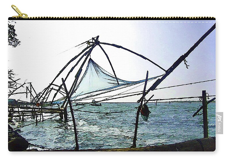 Action Zip Pouch featuring the digital art Fishing nets on the sea coast in Alleppey #11 by Ashish Agarwal