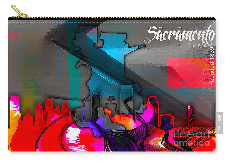 Sacramento Art Zip Pouch featuring the mixed media Sacramento Map and Skyline Watercolor #13 by Marvin Blaine