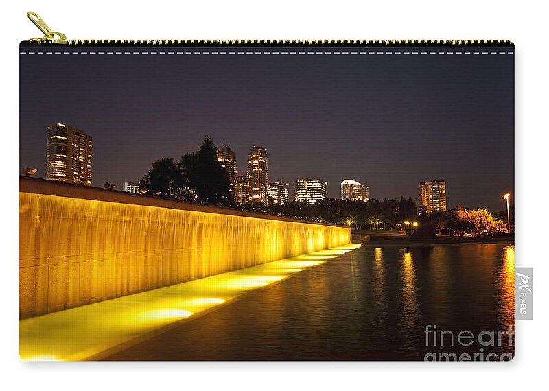 Bellevue Zip Pouch featuring the photograph Bellevue skyline from city park with fountain and waterfall at s #15 by Jim Corwin