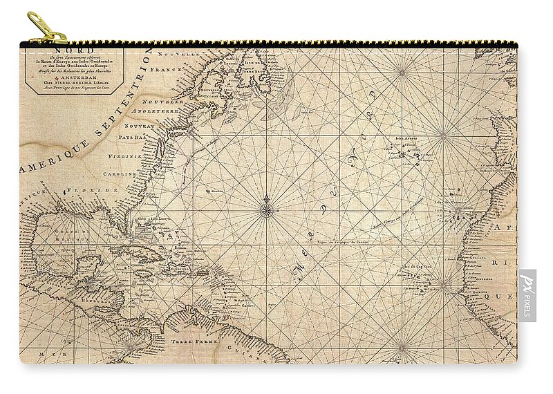  This Is A Rare And Remarkable 1693 Nautical Chart Of The Atlantic Ocean By Pierre Mortier. Covers The North Atlantic From Rough 5 Degree South Latitude To Roughly 56 Degrees North Latitude. Includes Much Of North America Zip Pouch featuring the photograph 1683 Mortier Map of North America the West Indies and the Atlantic Ocean by Paul Fearn