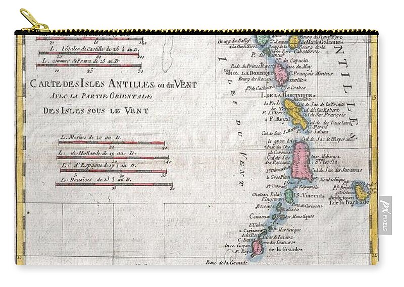 A Fine Example Of Rigobert Bonne And Guillaume Raynal’s 1780 Map Of The Lesser Antilles Zip Pouch featuring the photograph 1780 Raynal and Bonne Map of Antilles Islands by Paul Fearn