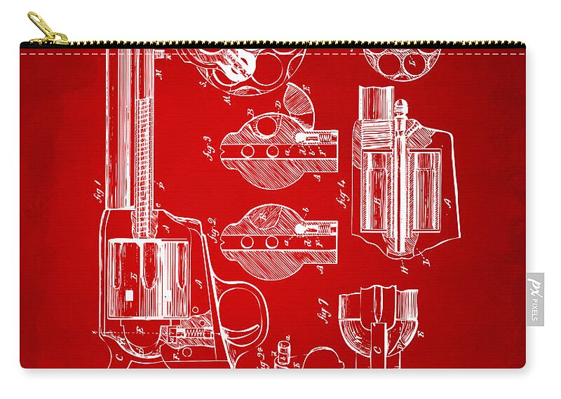 Colt 45 Zip Pouch featuring the digital art 1875 Colt Peacemaker Revolver Patent Red by Nikki Marie Smith