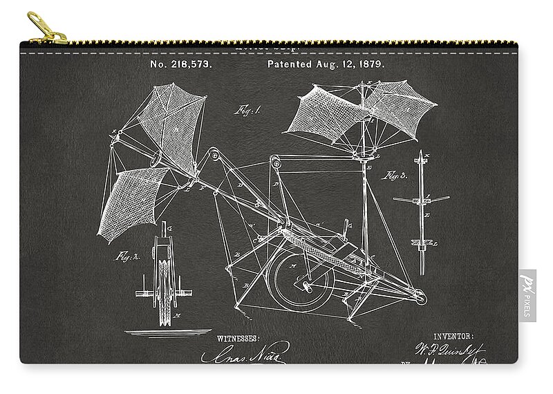 Aerial Ship Zip Pouch featuring the digital art 1879 Quinby Aerial Ship Patent - Gray by Nikki Marie Smith