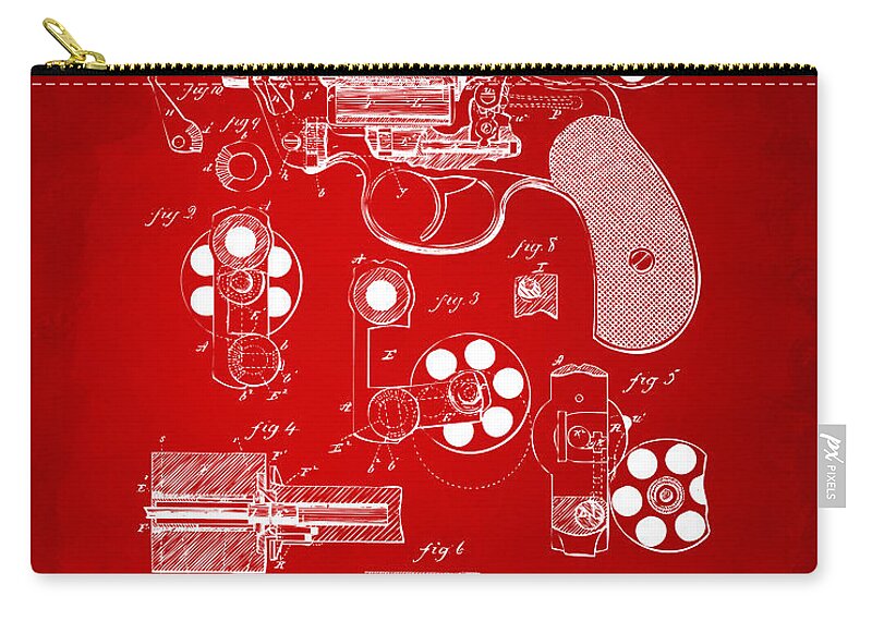 Gun Zip Pouch featuring the digital art 1881 Colt Revolving Fire Arm Patent Artwork Red by Nikki Marie Smith