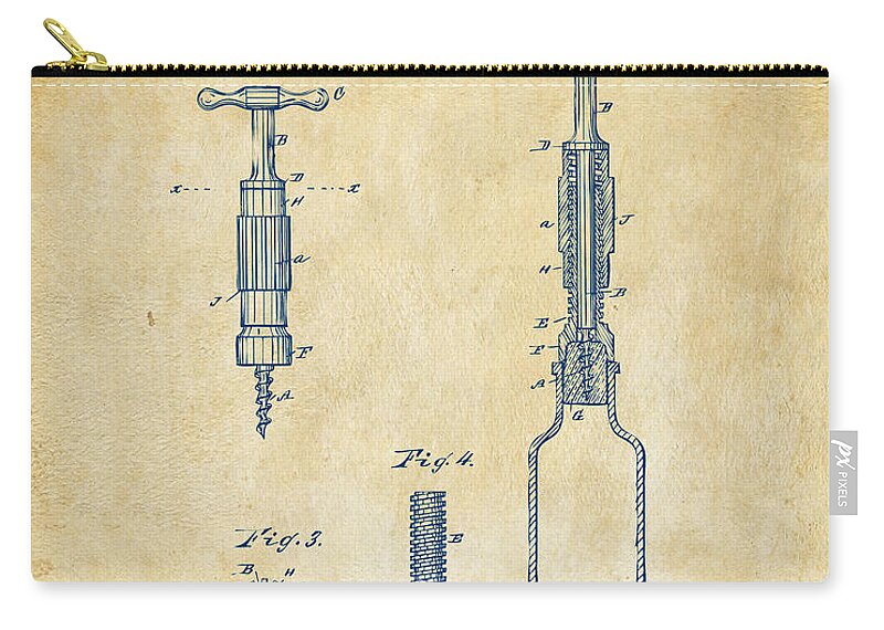 Corkscrew Zip Pouch featuring the digital art 1884 Corkscrew Patent Artwork - Vintage by Nikki Marie Smith