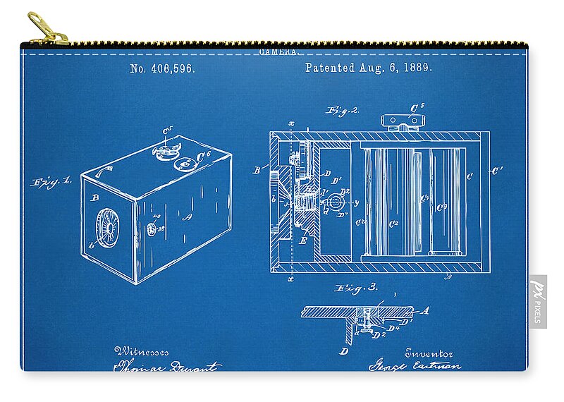 Camera Patent Zip Pouch featuring the digital art 1889 George Eastman Camera Patent Blueprint by Nikki Marie Smith