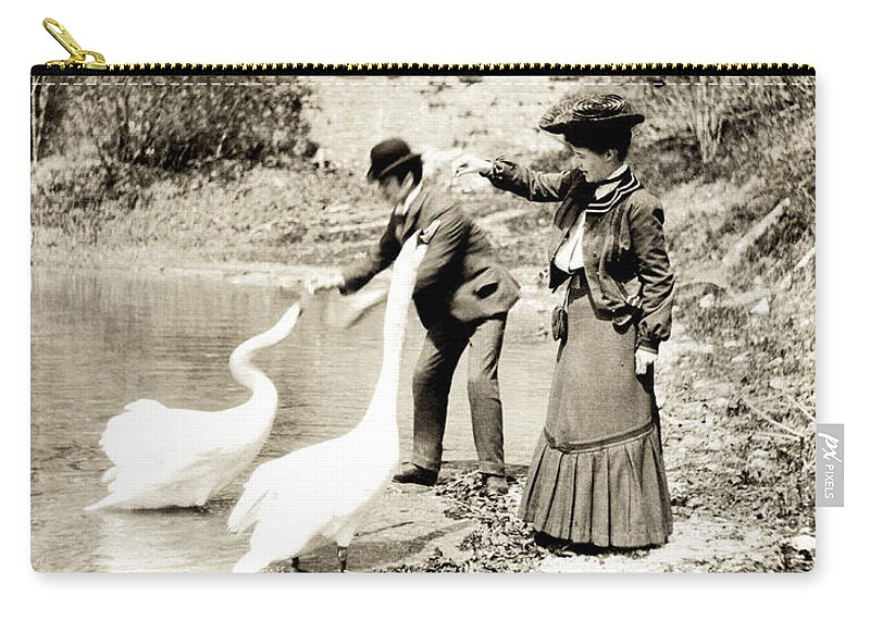 Retro Zip Pouch featuring the photograph 1890 Feeding Swans in Paris by Historic Image