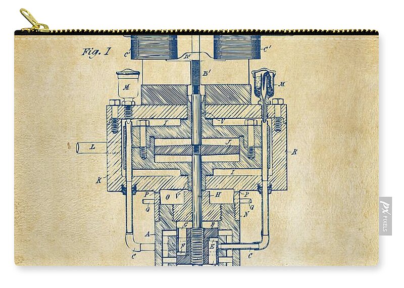 Tesla Zip Pouch featuring the digital art 1894 Tesla Electric Generator Patent Vintage by Nikki Marie Smith