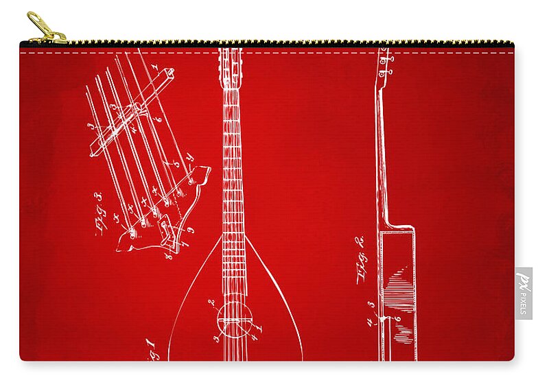 Guitar Zip Pouch featuring the drawing 1896 Brown Guitar Patent Artwork - Red by Nikki Marie Smith