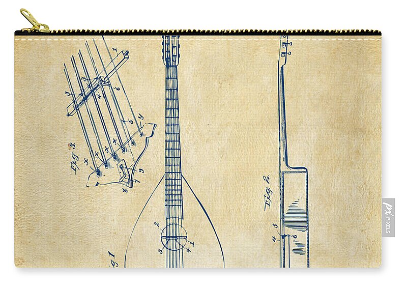 Guitar Zip Pouch featuring the drawing 1896 Brown Guitar Patent Artwork - Vintage by Nikki Marie Smith