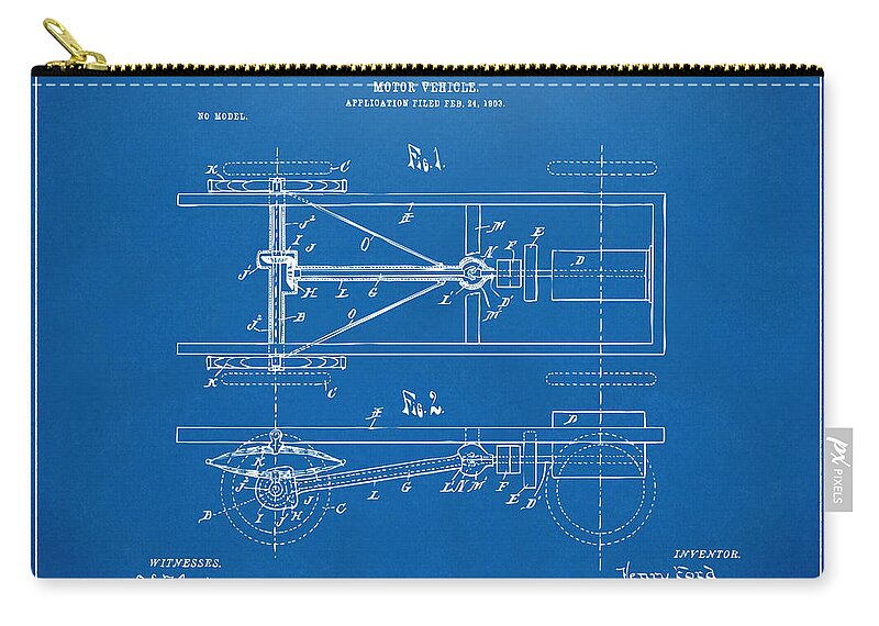 Henry Ford Zip Pouch featuring the digital art 1903 Henry Ford Model T Patent Blueprint by Nikki Marie Smith