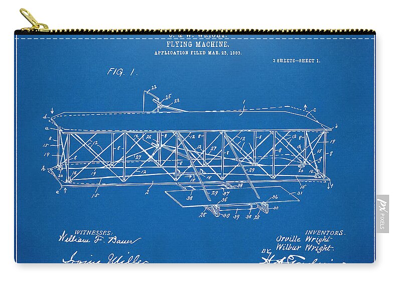 Wright Brothers Zip Pouch featuring the digital art 1906 Wright Brothers Flying Machine Patent Blueprint by Nikki Marie Smith