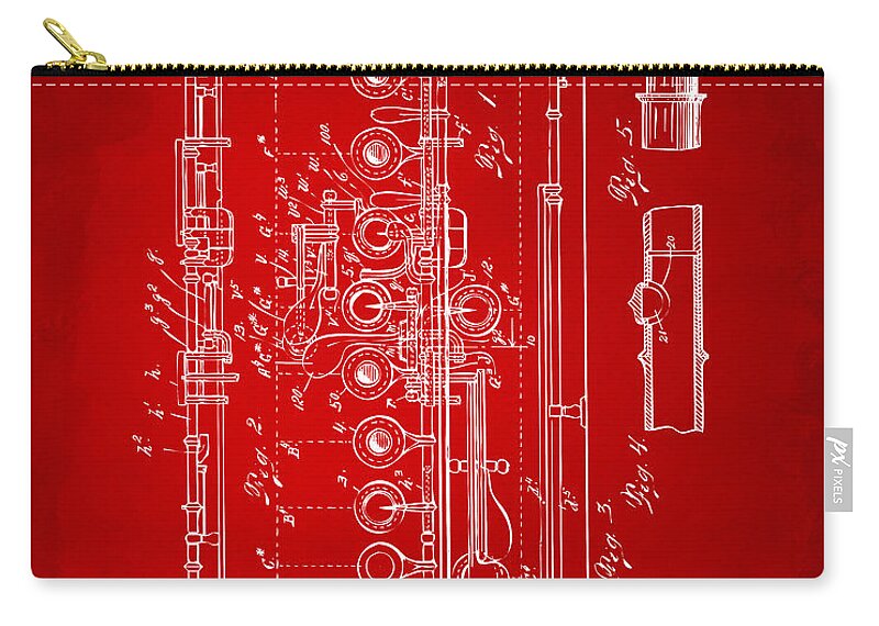 Flute Zip Pouch featuring the digital art 1908 Flute Patent - Red by Nikki Marie Smith
