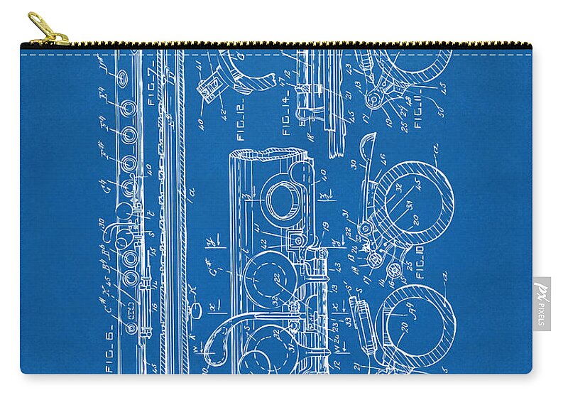 Flute Zip Pouch featuring the digital art 1909 Flute Patent - Blueprint by Nikki Marie Smith