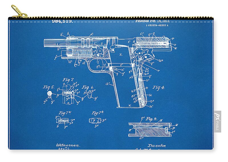 Colt 45 Zip Pouch featuring the digital art 1911 Colt 45 Browning Firearm Patent 2 Artwork Blueprint by Nikki Marie Smith