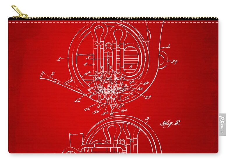 French Horn Zip Pouch featuring the digital art 1914 French Horn Patent Art Red by Nikki Marie Smith