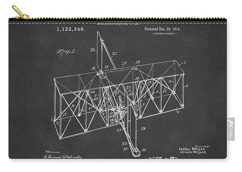 Wright Brothers Zip Pouch featuring the digital art 1914 Wright Brothers Flying Machine Patent Gray by Nikki Marie Smith