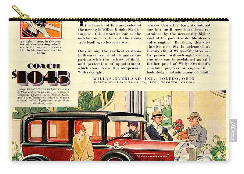 1929 Zip Pouch featuring the digital art 1929 - Willys Overland Willys Knight Automobile Advertisement - Color by John Madison
