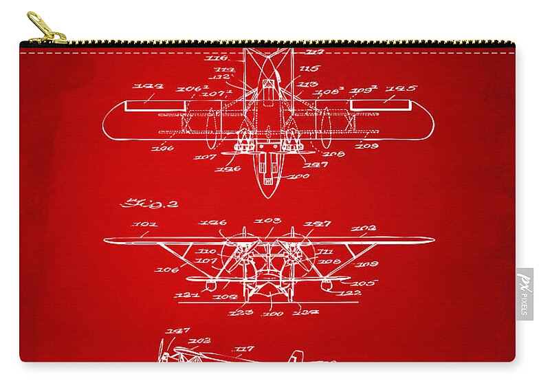 Airplane Zip Pouch featuring the digital art 1932 Amphibian Aircraft Patent Red by Nikki Marie Smith