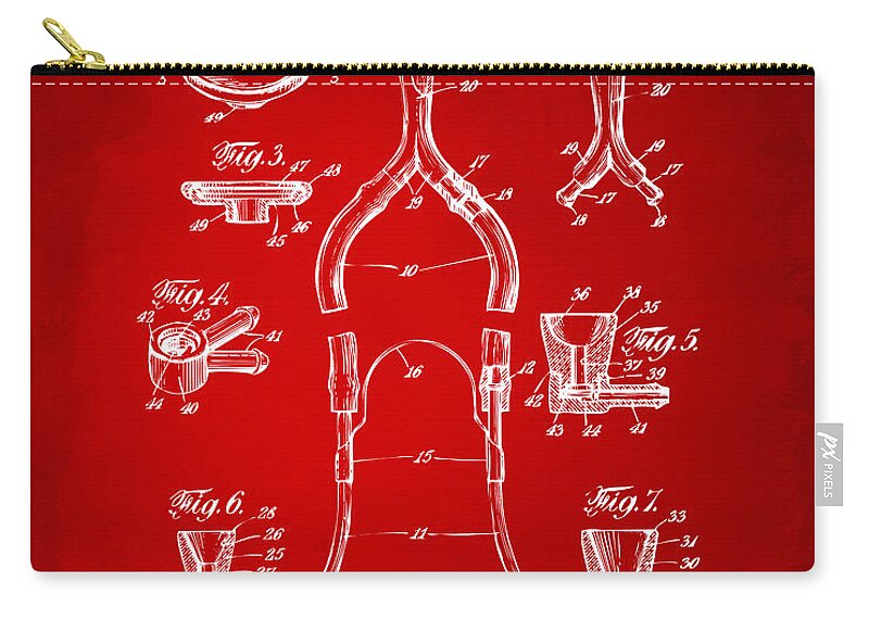 Stethoscope Zip Pouch featuring the digital art 1932 Medical Stethoscope Patent Artwork - Red by Nikki Marie Smith