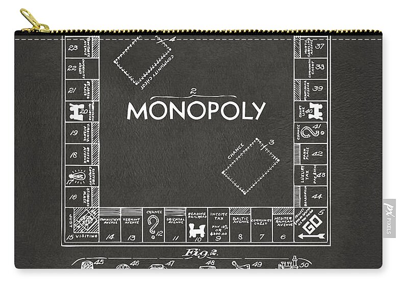 Monopoly Zip Pouch featuring the digital art 1935 Monopoly Game Board Patent Artwork - Gray by Nikki Marie Smith