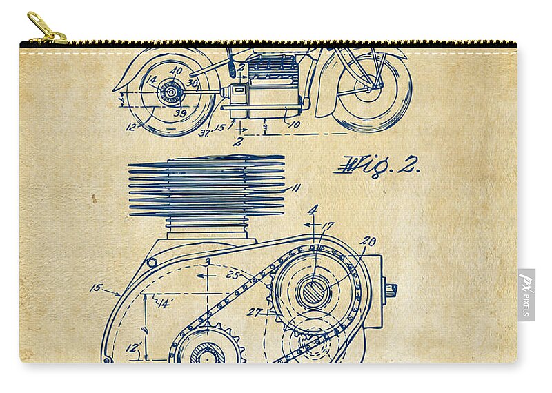 Indian Motorcycle Zip Pouch featuring the digital art 1941 Indian Motorcycle Patent Artwork - Vintage by Nikki Marie Smith