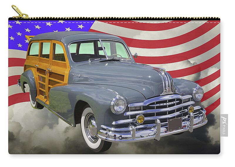 Old Zip Pouch featuring the photograph 1948 Pontiac Silver Streak Woody And American Flag by Keith Webber Jr