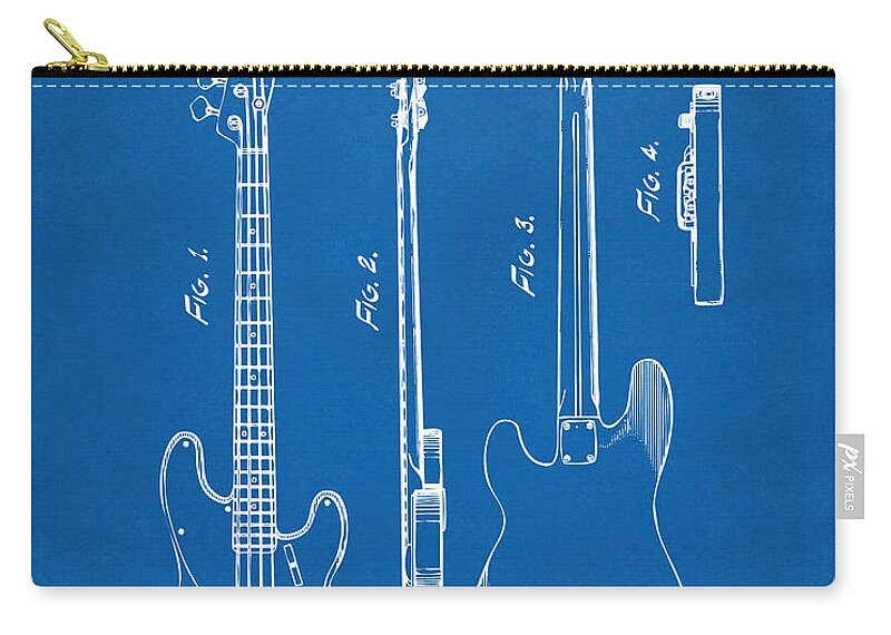 Fender Guitar Zip Pouch featuring the drawing 1953 Fender Bass Guitar Patent Artwork - Blueprint by Nikki Marie Smith