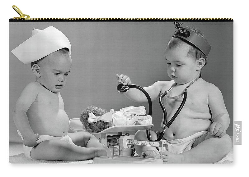 Photography Zip Pouch featuring the photograph 1960s Two Babies Playing Doctor by Vintage Images