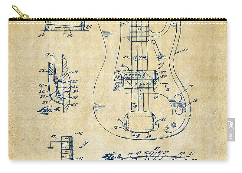 Guitar Zip Pouch featuring the digital art 1961 Fender Guitar Patent Artwork - Vintage by Nikki Marie Smith