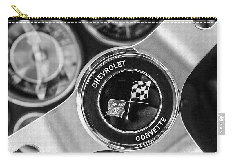 1963 Chevrolet Corvette Split Window Steering Wheel Emblem Zip Pouch featuring the photograph 1963 Chevrolet Corvette Split Window Steering Wheel Emblem -170bw by Jill Reger