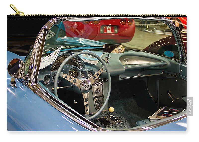 Retro Zip Pouch featuring the photograph 1967 blue Corvette-interior and wheel by Eti Reid