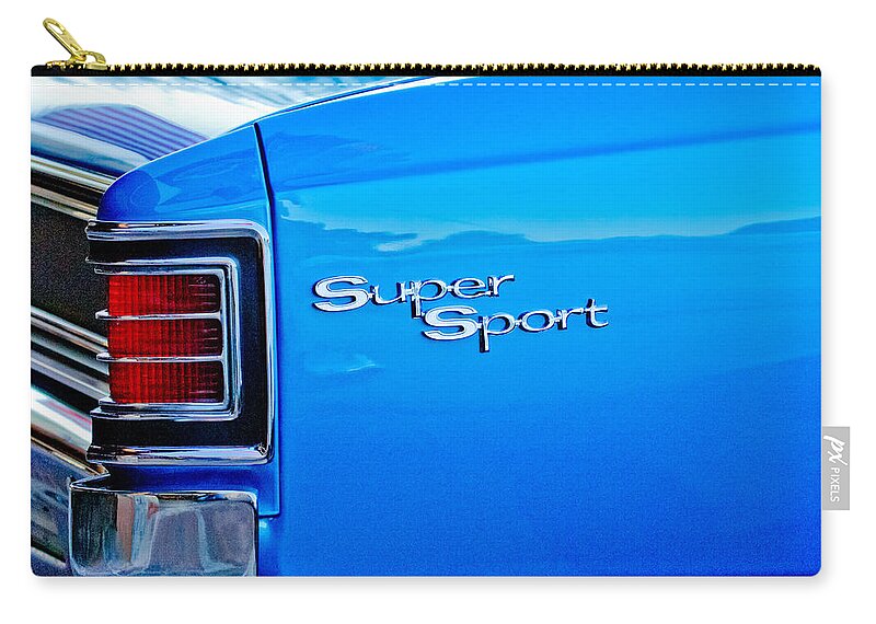 1967 Chevelle Ss Zip Pouch featuring the photograph 1967 Chevrolet Chevelle Taillight Emblem by Jill Reger