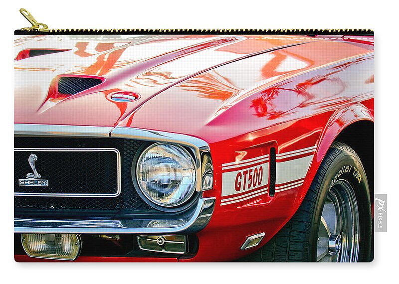 1969 Shelby Cobra Gt500 Front End - Grille Emblem Zip Pouch featuring the photograph 1969 Shelby Cobra GT500 Front End - Grille Emblem by Jill Reger
