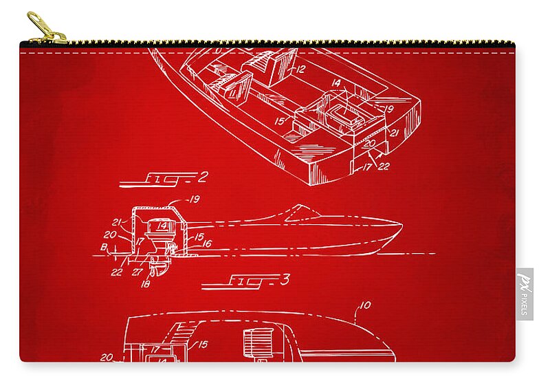 Chris Craft Zip Pouch featuring the digital art 1972 Chris Craft Boat Patent Artwork - Red by Nikki Marie Smith