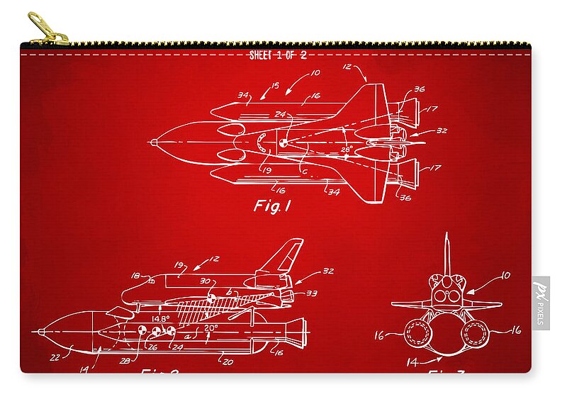 Space Ship Zip Pouch featuring the digital art 1975 Space Shuttle Patent - Red by Nikki Marie Smith