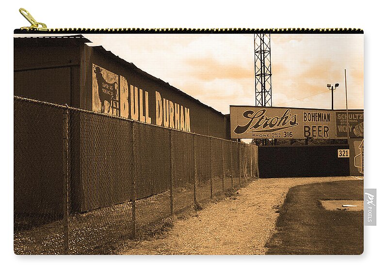 Ad Zip Pouch featuring the photograph Baseball Field Bull Durham Sign #3 by Frank Romeo