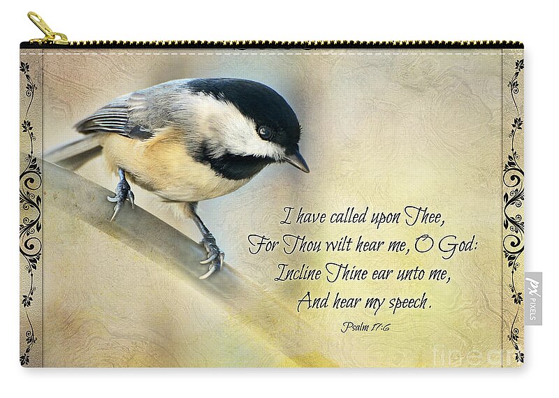 Nature Zip Pouch featuring the photograph Chickadee with Verse #2 by Debbie Portwood