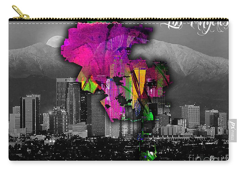 Los Angeles Art Zip Pouch featuring the mixed media Los Angeles Map and Skyline Watercolor #2 by Marvin Blaine