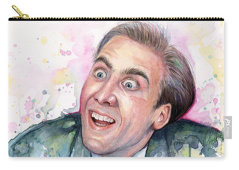 Nic Cage Zip Pouch featuring the painting Nicolas Cage You Don't Say Watercolor Portrait by Olga Shvartsur