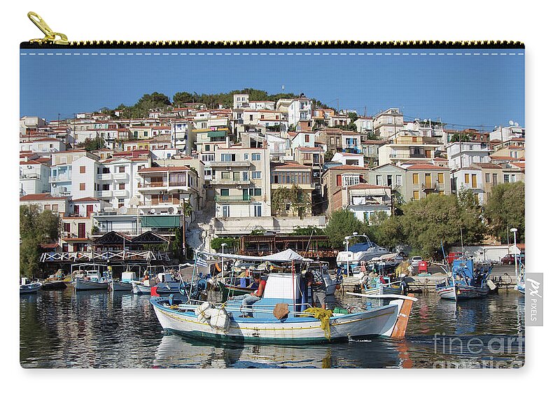 Lesvos; Lesbos; Plomari; City; Town; Port; Harbor; Afternoon Light; House; Houses; Color; Colorful; Colour; Colourful; Islands; Sea; Greece; Greek; Island; Hellas; Aegean; Summer; Holidays; Vacation; Tourism; Touristic; Travel; Trip; Voyage; Journey; Paint; Painting; Paintings Zip Pouch featuring the painting Plomari town #1 by George Atsametakis