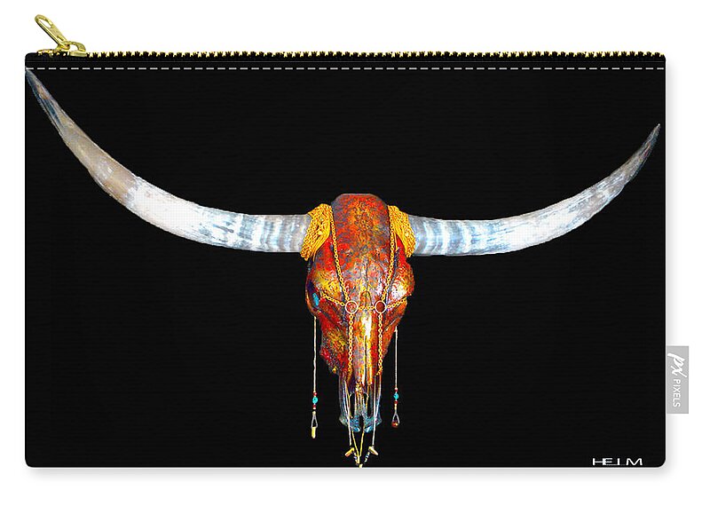  Longhorn Paintings Zip Pouch featuring the mixed media Red and Gold Illuminating Longhorn Skull #1 by Mayhem Mediums