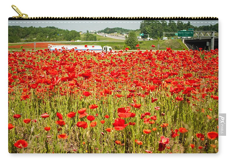 Freeway Zip Pouch featuring the photograph Red Poppy Field Near Highway Road #2 by Alex Grichenko
