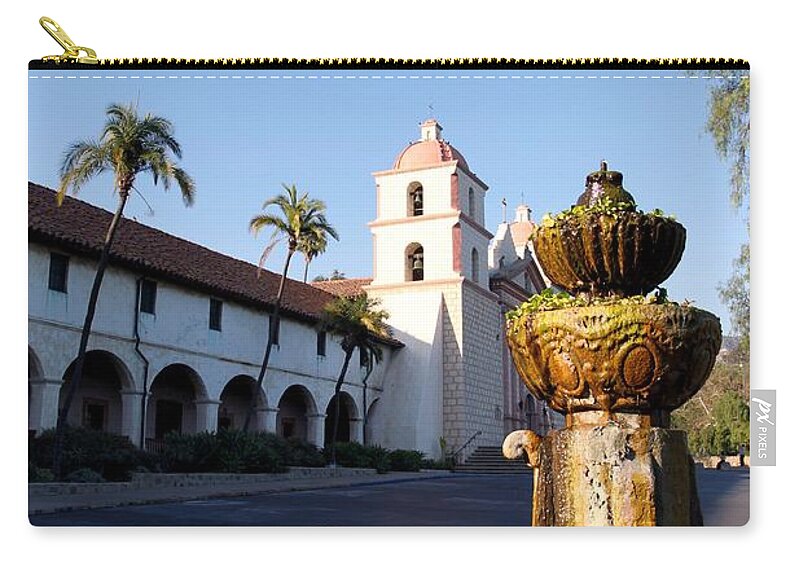 Barbara Zip Pouch featuring the photograph Santa Barbara Mission Fountain #2 by Henrik Lehnerer
