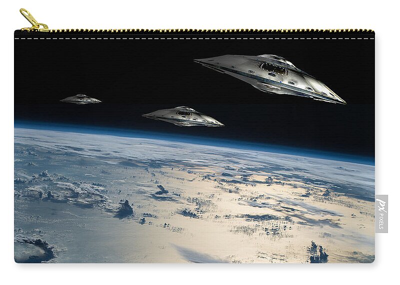 Area 51 Zip Pouch featuring the photograph Spaceships In Orbit Over Earth #2 by Marc Ward