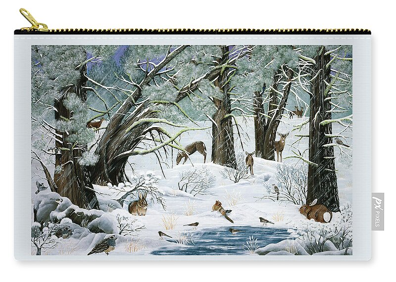 Woods Zip Pouch featuring the painting They Said It Wouldn't Snow by Jennifer Lake