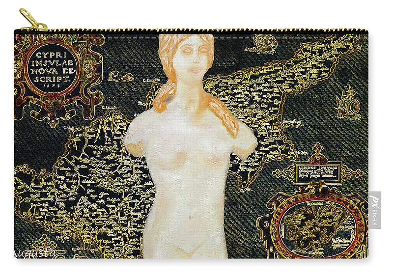 Augusta Stylianou Zip Pouch featuring the painting Ancient Cyprus Map and Aphrodite by Augusta Stylianou